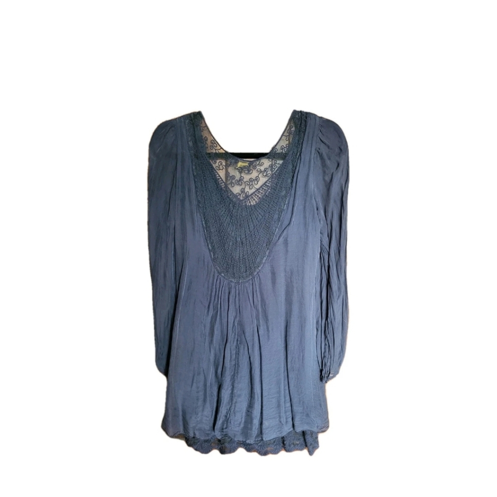 Amanti 100% Silk Blue Blouse Boho, Romance Top Made In Italy Size XS